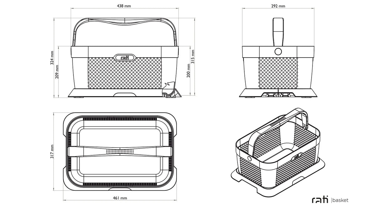 Disegno tecnico quotato di Rati, Cestino per auto, con le misure