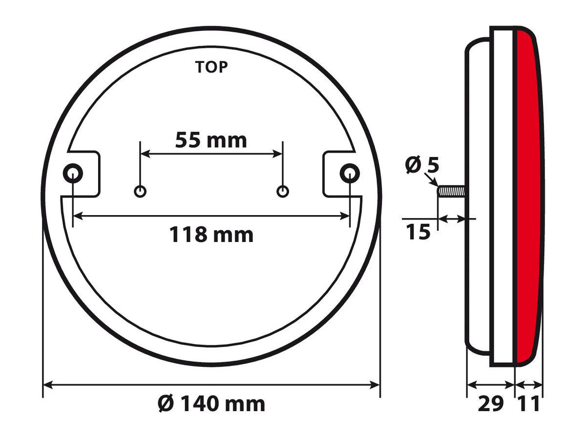 Disegno tecnico quotato di Rear O-LED, fanale posteriore 3 funzioni a led 12/24V, con le misure