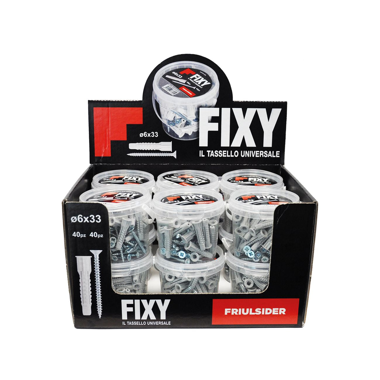 Espositore tasselli nylon 'fixy' 12 secchielli da 40 pezzi