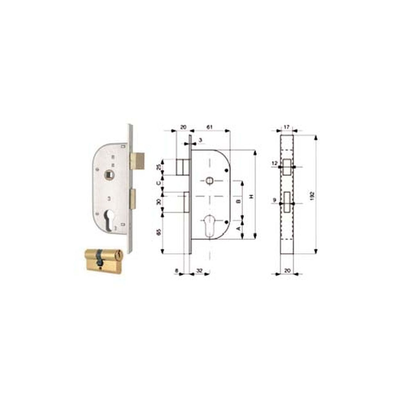 Serratura infil. cancelli 2 mand. e scr. sep. + quadro cil. sag. 148 - mm.32 (148.32.0)