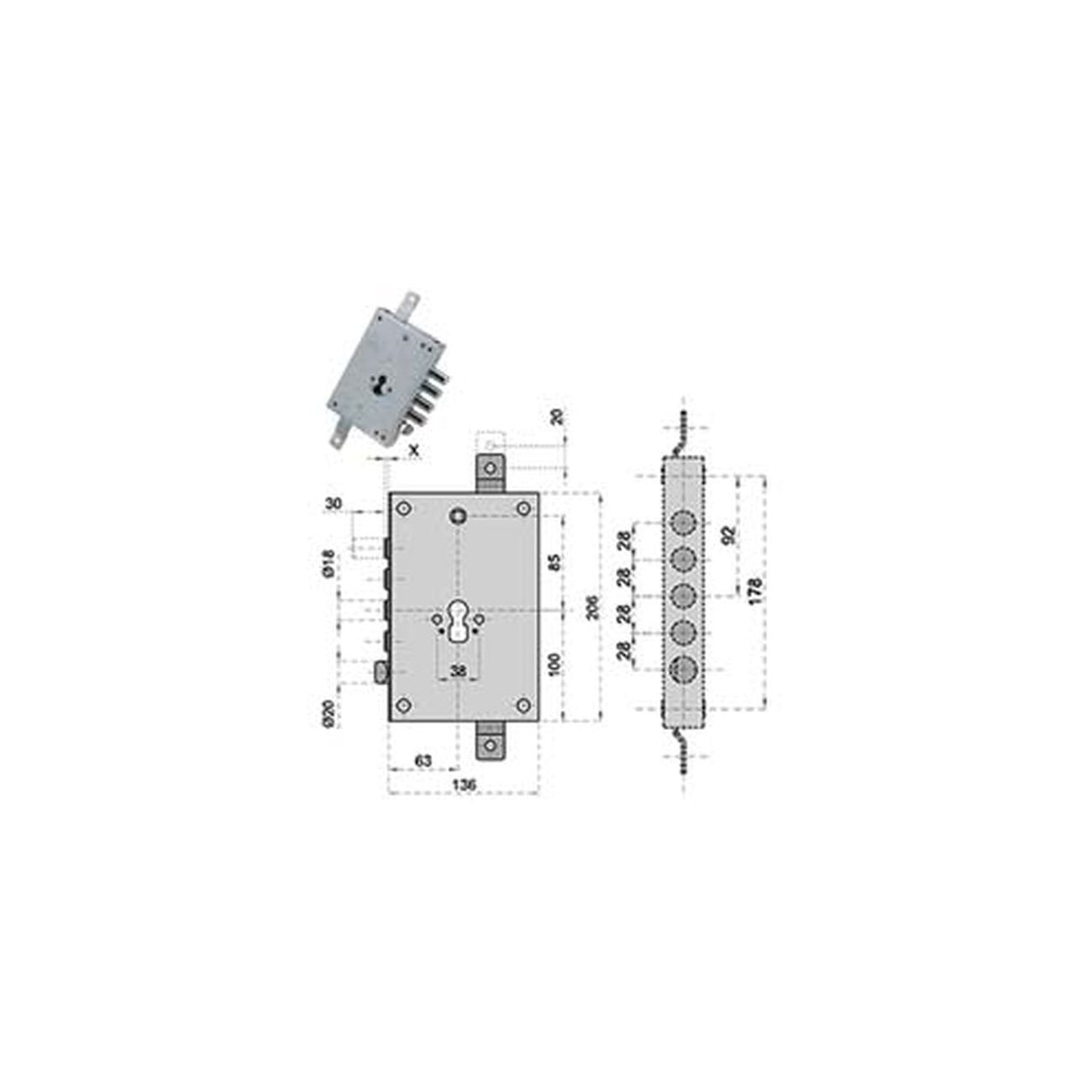 Serratura triplice da applicare c/scrocco cil. europeo blindate 50128 - mm.63