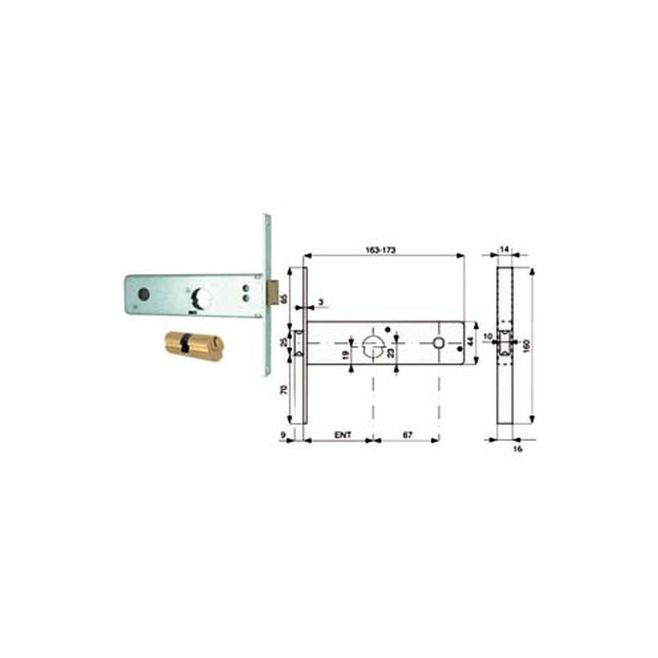Serratura infilare per fasce catenaccio 2 mandate e scr. mm.44 h 803 - mm.70 (803.70.1)