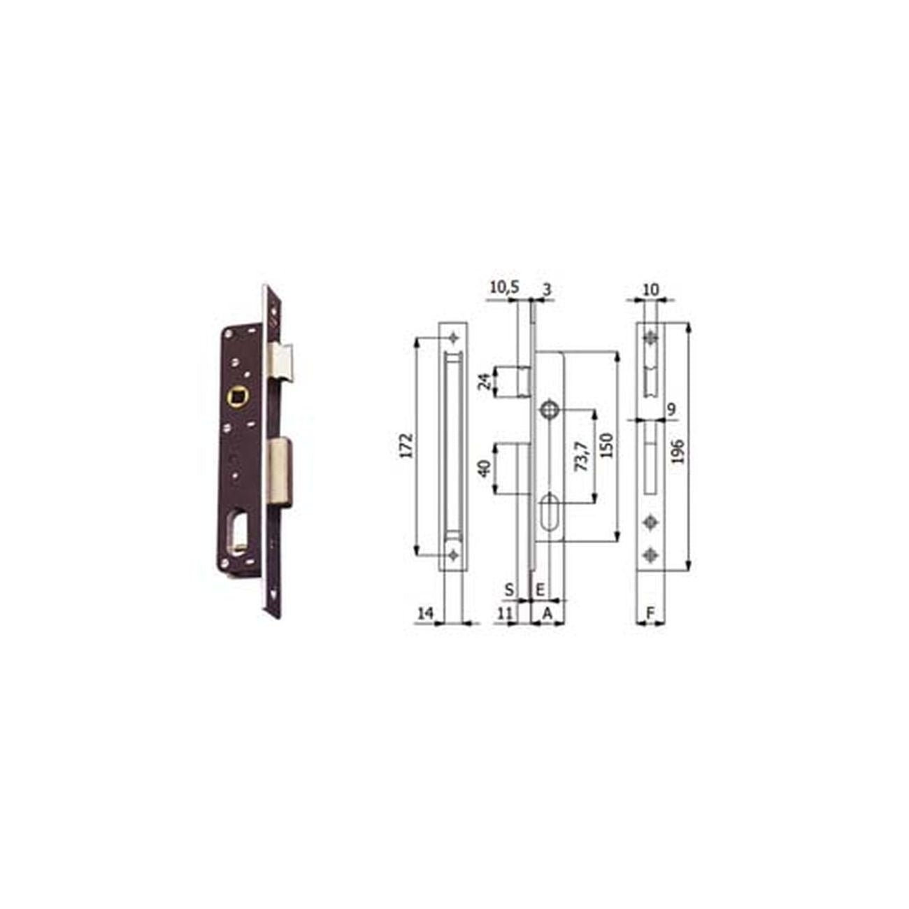 Serrature da infilare per montanti catenaccio e scrocco 350 - mm.15 interasse mm.73.7 (350)