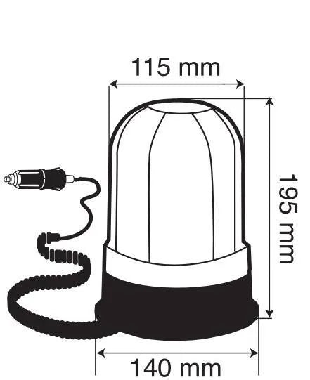 Disegno tecnico quotato di RH-2, luce di segnalazione alogena con base magnetica e, con le misure