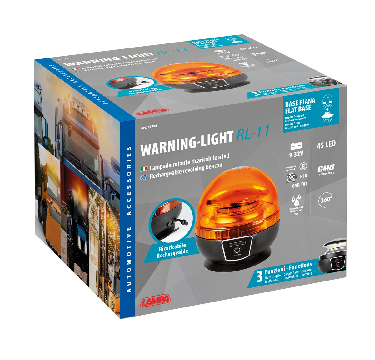 La confezione di RL-16, luce di segnalazione a led, ricaricabile, 12/24V+230V