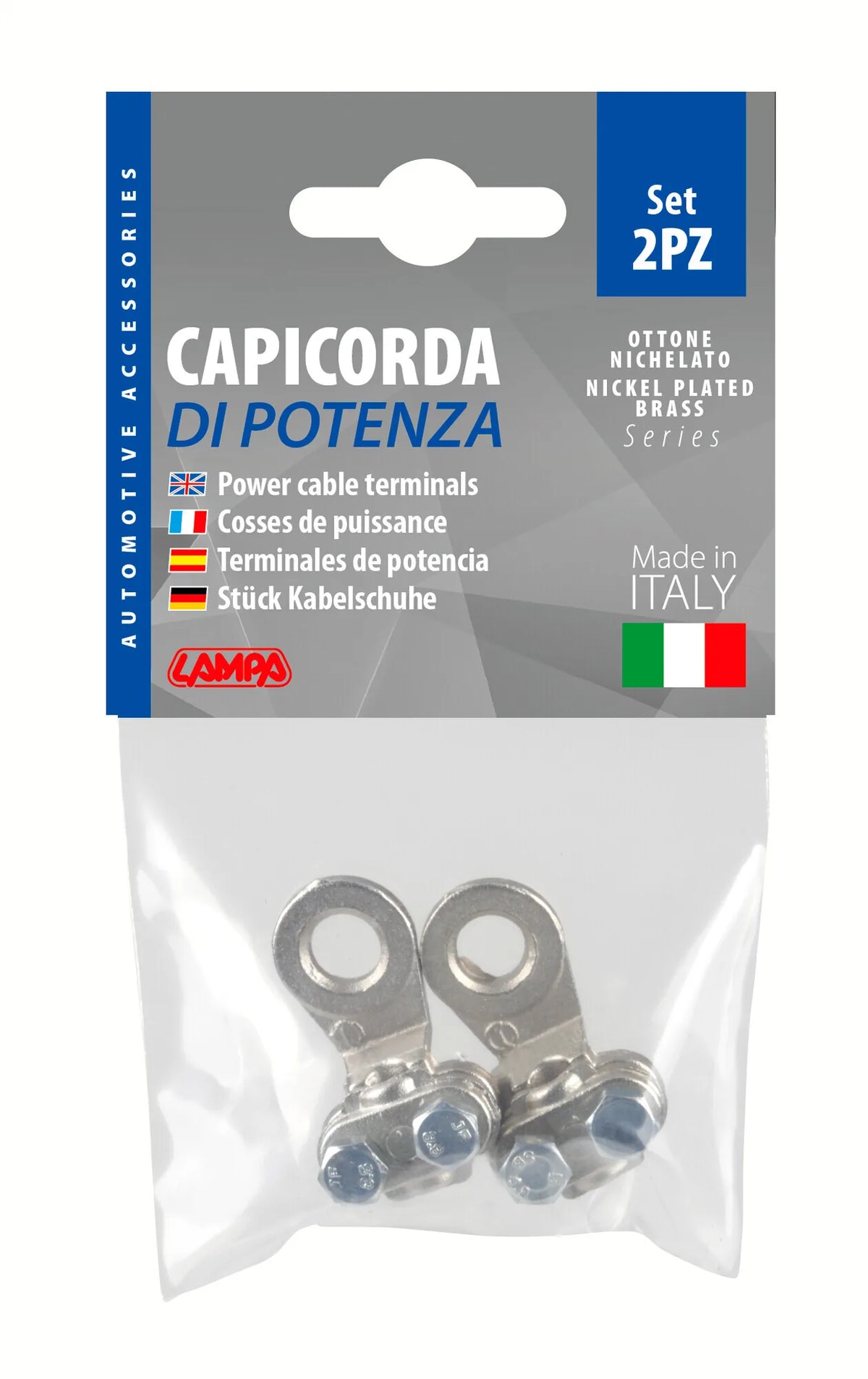 La confezione di Set 2 pz capicorda di potenza in ottone nichelato, con