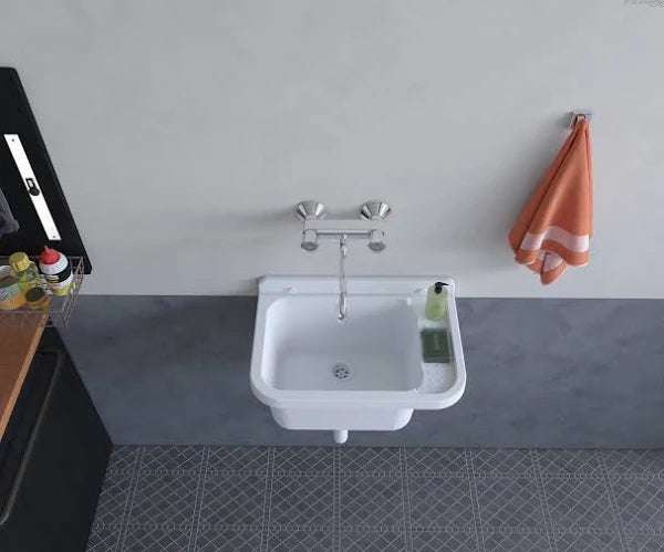 Lavandino-Pilozzo a Muro con Dispenser Porta-Sapone, in Resina da Esterno, Bianco, 50x35x24    