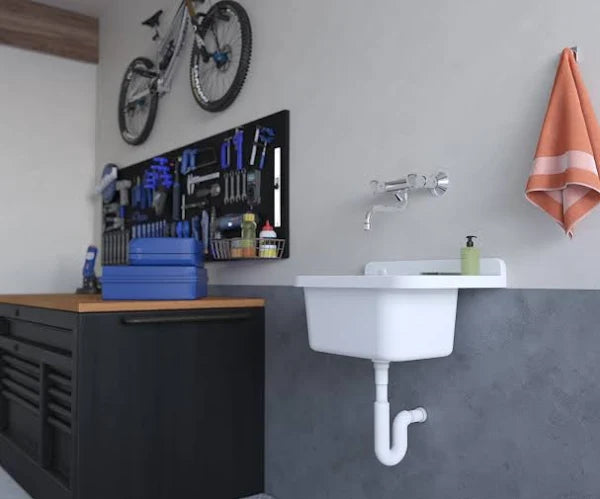 Lavandino-Pilozzo a Muro con Dispenser Porta-Sapone, in Resina da Esterno, Bianco, 50x35x24      