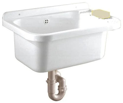 Lavandino-Pilozzo a Muro con Dispenser Porta-Sapone, in Resina da Esterno, Bianco, 50x35x24  