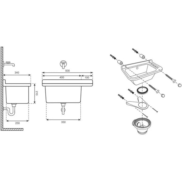 Lavandino-Pilozzo a Muro con Dispenser Porta-Sapone, in Resina da Esterno, Bianco, 50x35x24       