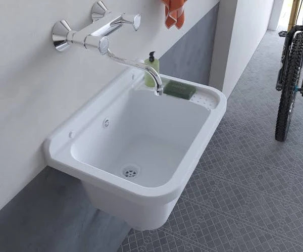 Lavandino-Pilozzo a Muro con Dispenser Porta-Sapone, in Resina da Esterno, Bianco, 50x35x24