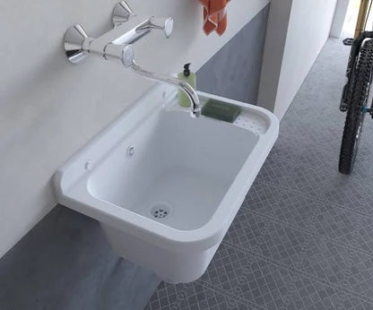 Lavandino-Pilozzo a Muro con Dispenser Porta-Sapone, in Resina da Esterno, Bianco, 50x35x24