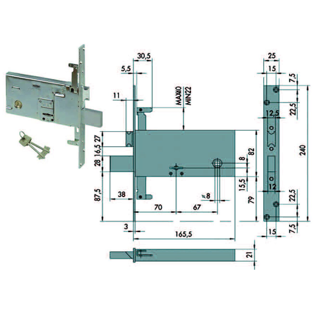 Serratura triplice da infilare per fasce doppia mappa mm.82 h 57318 - mm.70 (57318730)