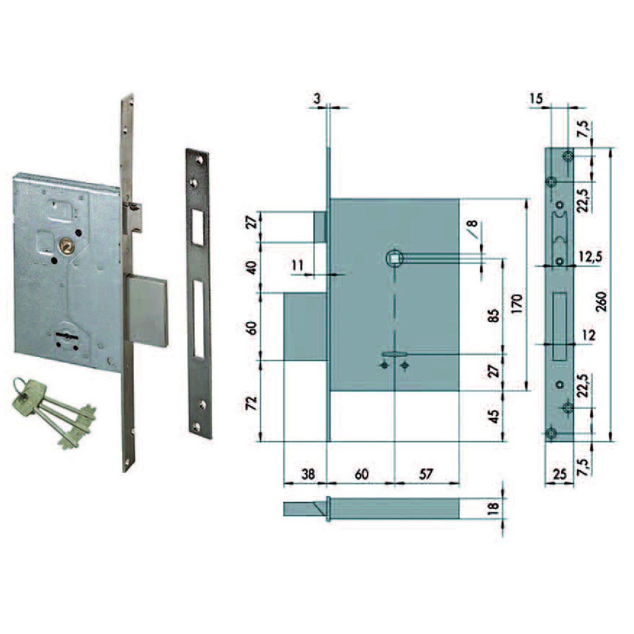 Serratura da infilare doppia mappa con scrocco 57250 - mm.60 (57250600)