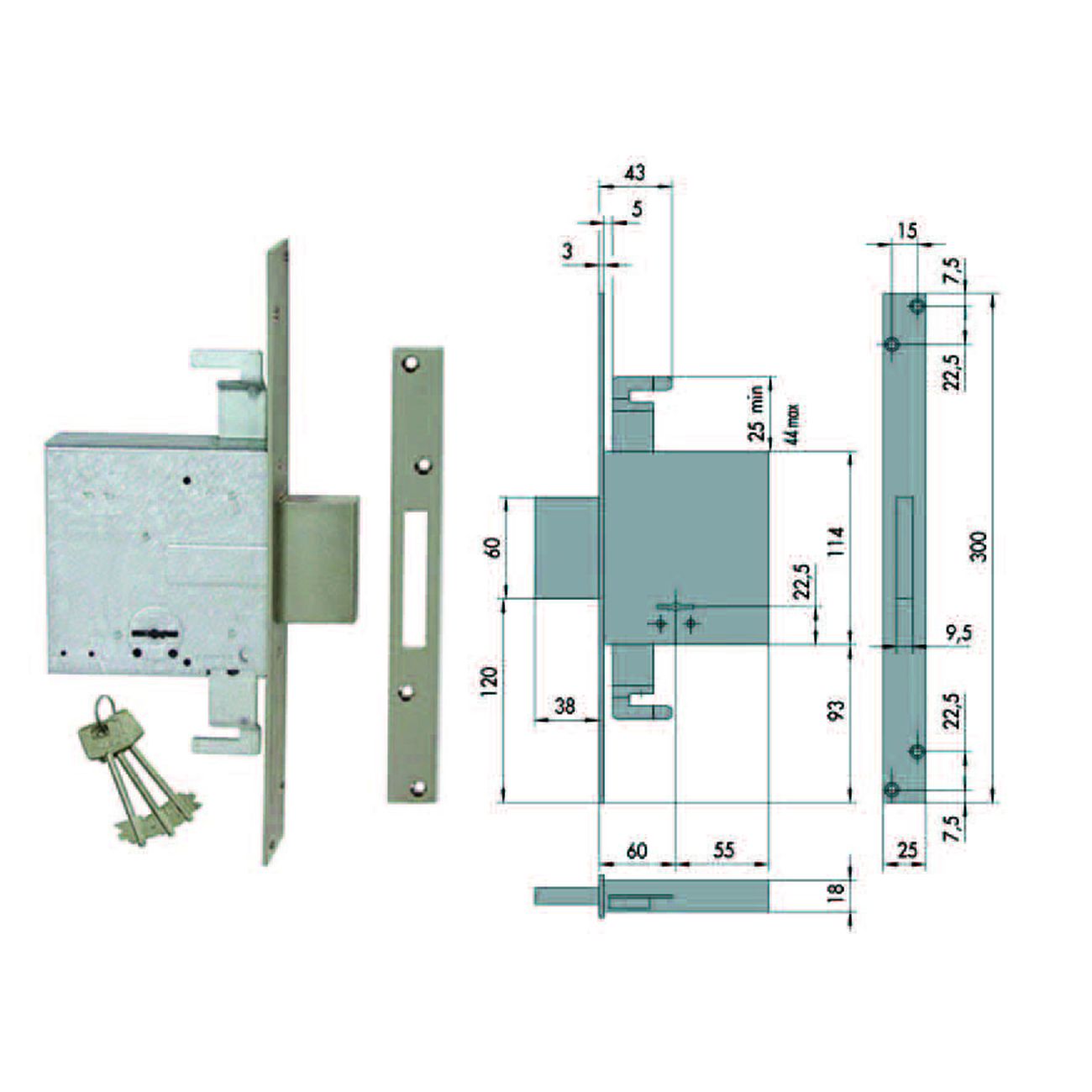 Serratura triplice da infilare doppia mappa 57015 - mm.60 (57015600)