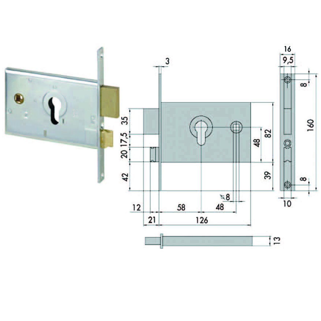 Serratura da infilare per fasce catenaccio e scrocco mm.82 h 44120 - mm.60 (44120600)