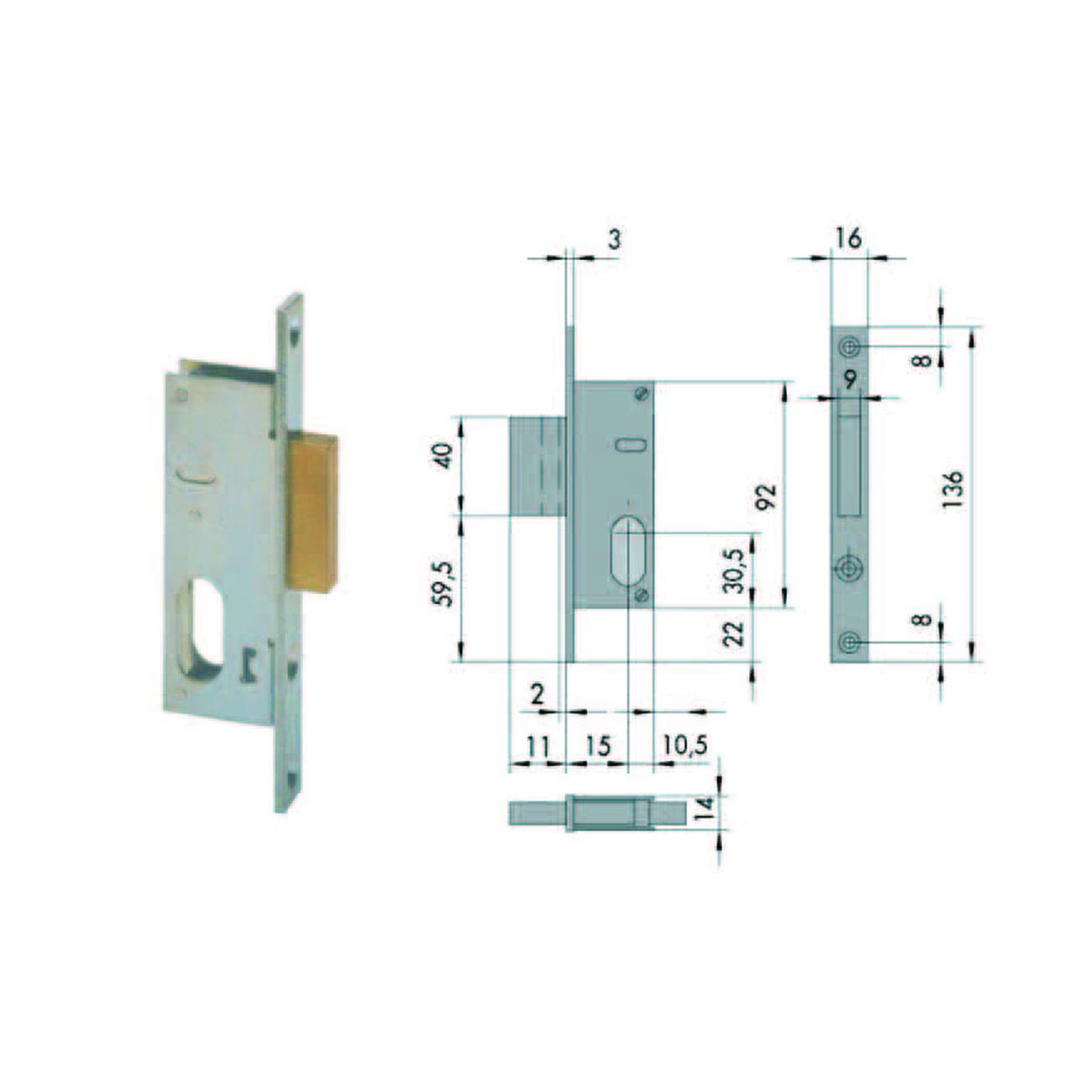 Serratura da infilare per montanti solo catenaccio 44240 - mm.15 (44240150)