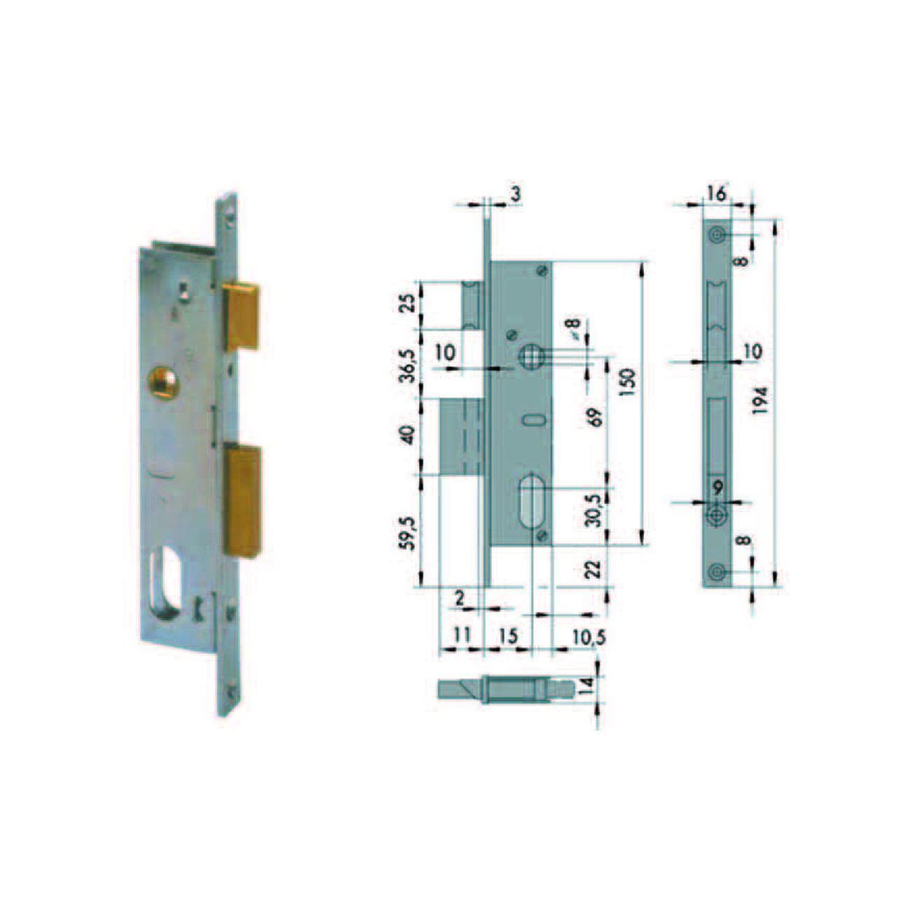 Serratura da infilare per montanti catenaccio e scrocco 1 mand. 44220 - mm.15 (44220150)