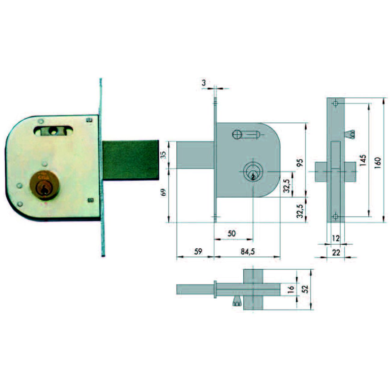 Serratura infilare per cancelli catenaccio e scrocco con nottol. 42030 - mm.50 dx/sx reversibile (42030500)