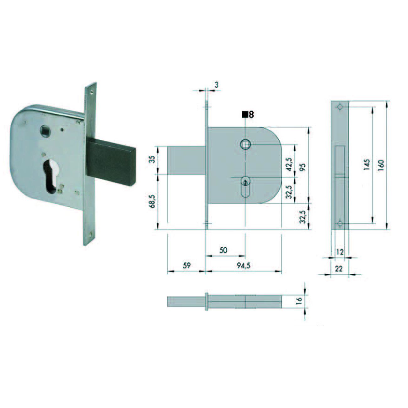 Serratura infilare per cancelli con quadro catenaccio e scrocco 42312 - mm.50 (42312500)