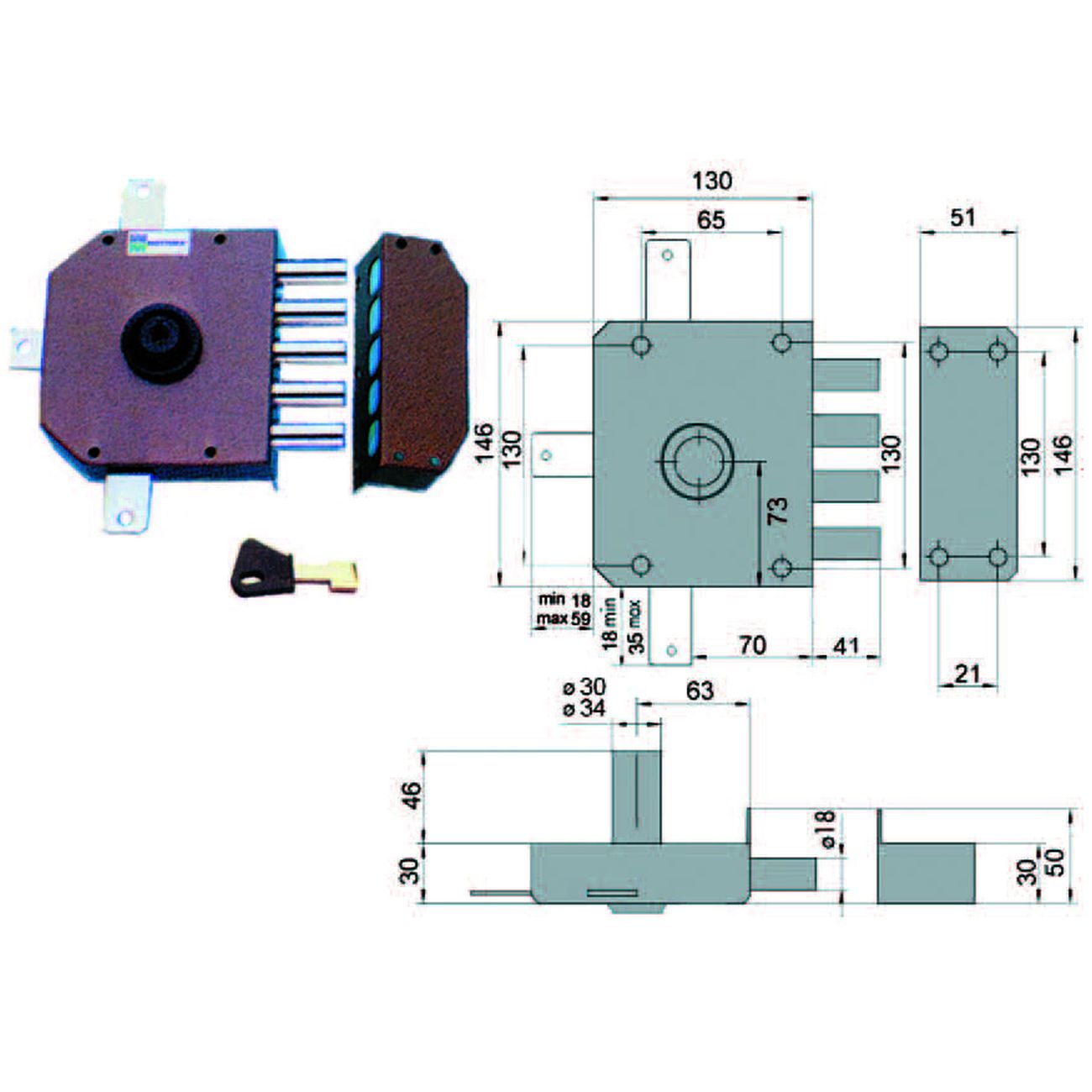 Serratura Quintuplice Da Applicare Senza Scrocco A Pompa 30640 - mm.60 SX cilindro ø mm.34 (30640VS60J)