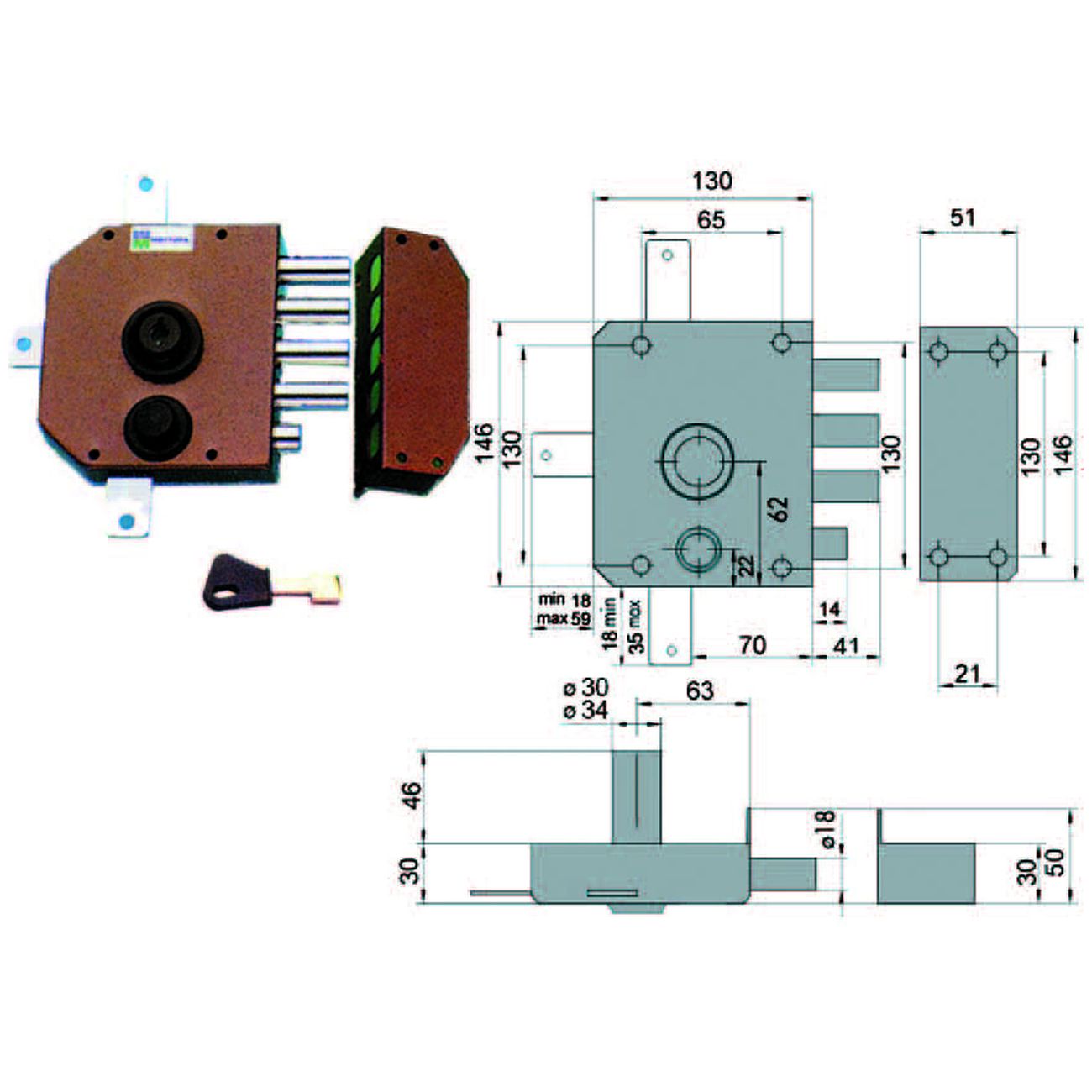 Serratura Quintuplice Da Applicare Con Scrocco A Pompa 30650 - mm.60 DX cilindro ø mm.34 (30650VD60J)