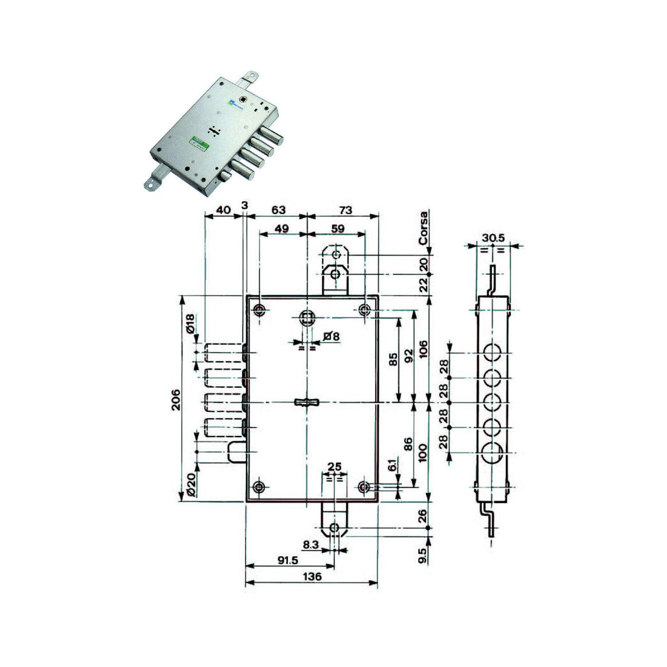 Serratura triplice applicare con scrocco dm blindate 52571/28