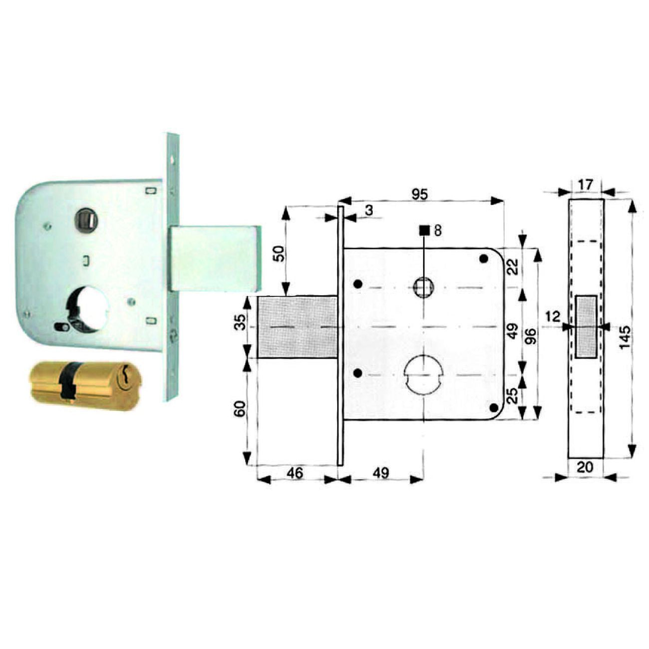 Serratura infilare cancelli catenaccio e scr. + quadro cil. tondo 134 - mm.50 (134 50 0)