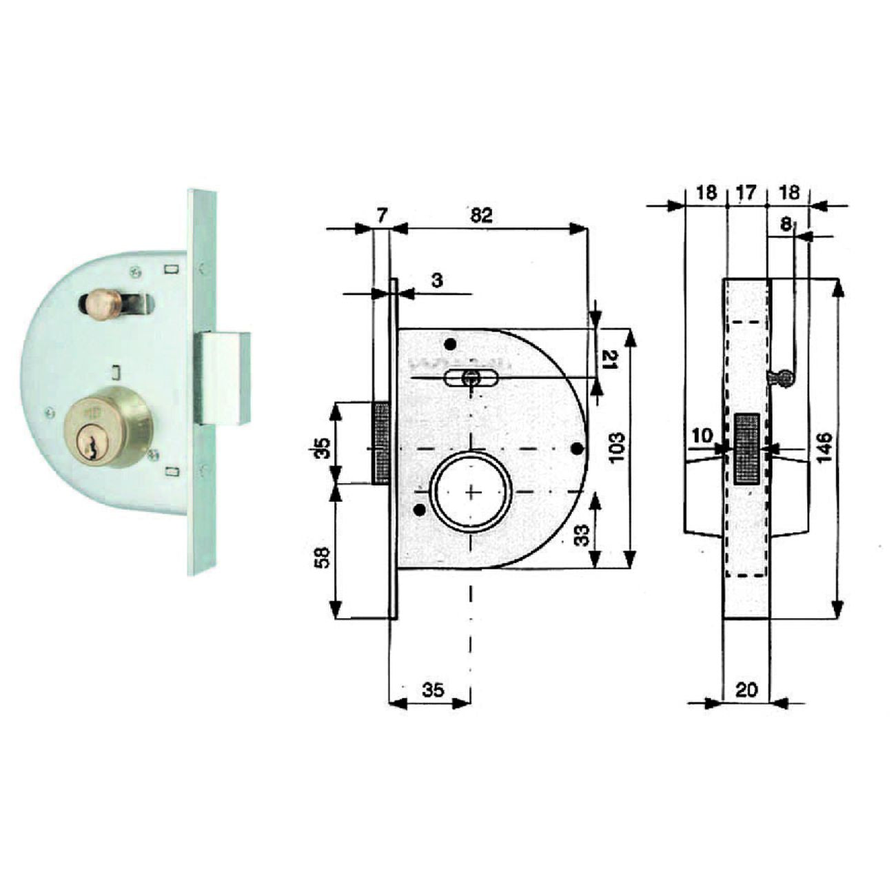 Serratura Infil. Canc. Catenaccio E Scr. C/Nottolino Cil. Fissi 255 - mm.35 con catenaccio prolungato (255 35 1)