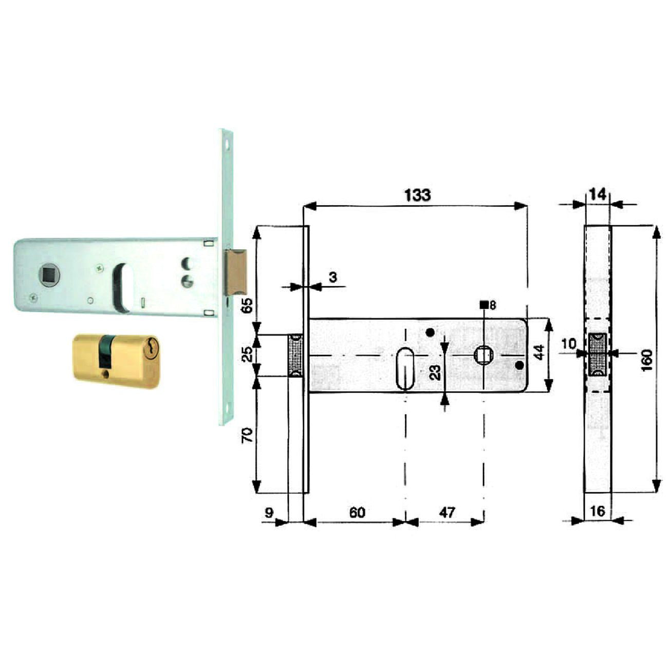 Serratura infilare per fasce catenaccio 2 mandate e scr. mm.44 h 800 - mm.60 (800.60.1)