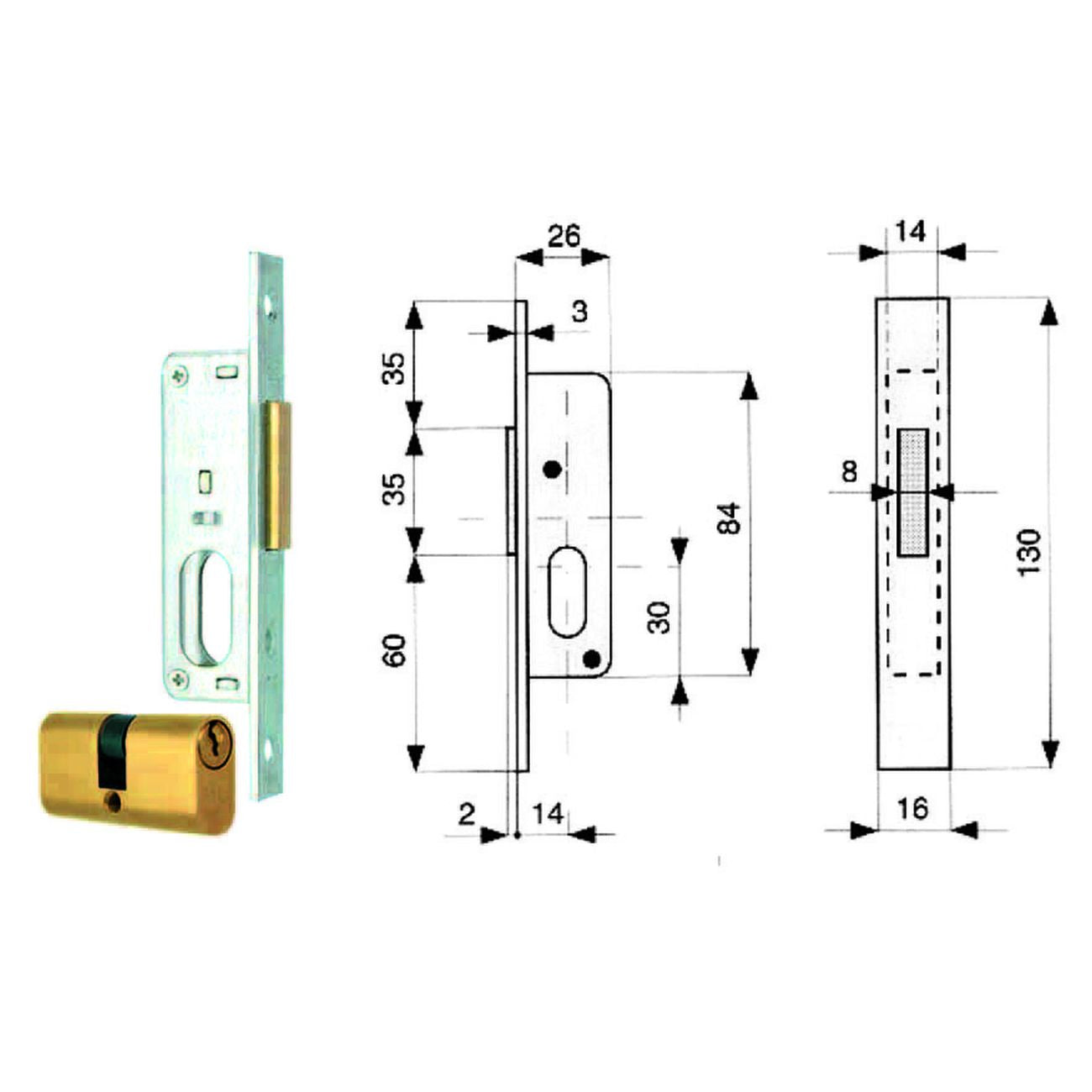 Serratura da infilare per montanti solo catenaccio con cilindro 906 - mm.14 (906.14.1)
