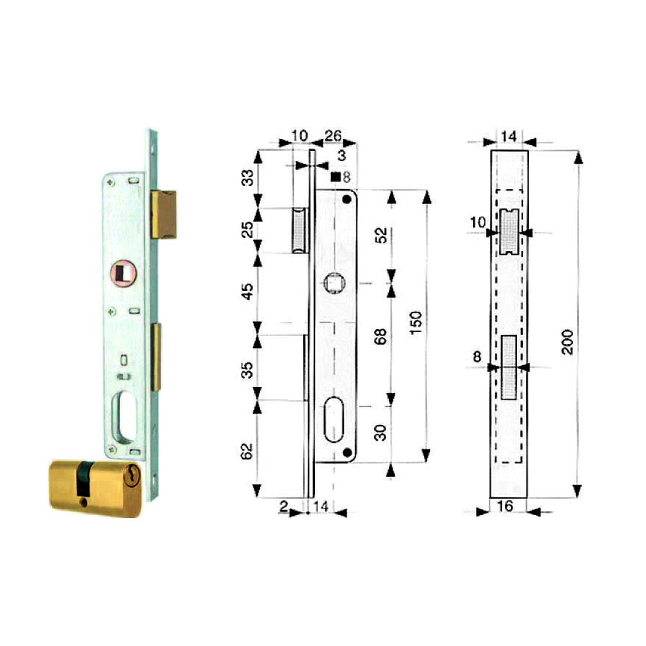 Serratura infilare per montanti catenaccio e scrocco con cilindro 911 - mm.14 (911.14.1)