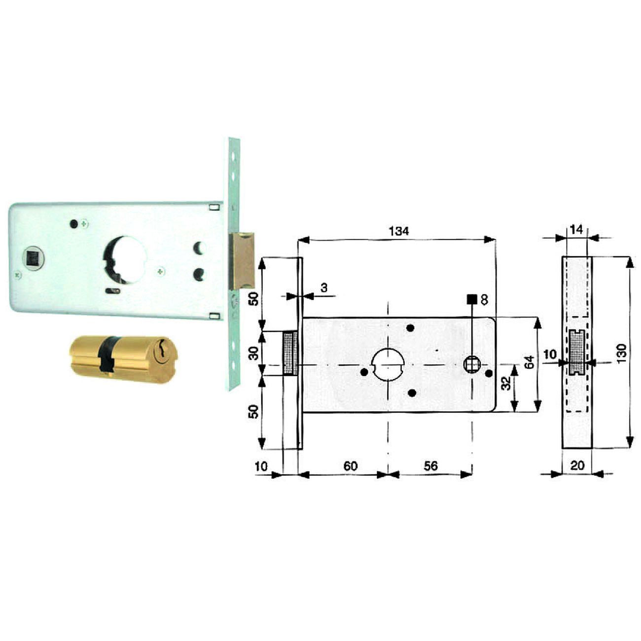 Serratura infilare per fasce caten. 1 mandata e scr. mm.64 h 288600 - mm.60 (288.60.0)