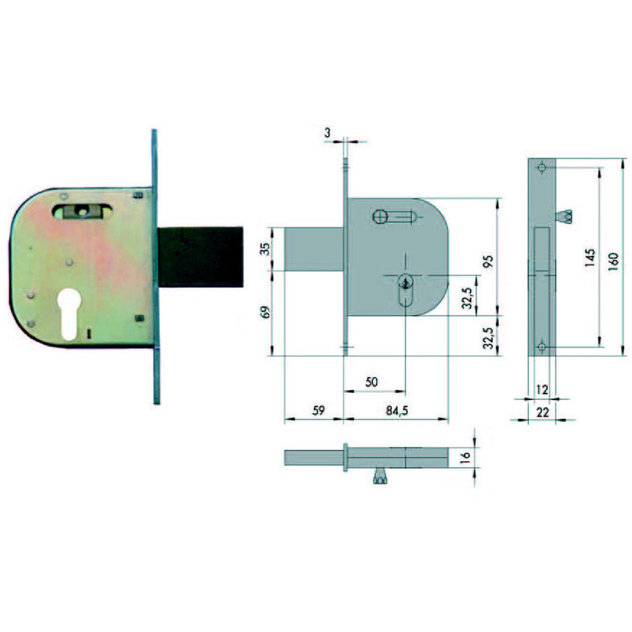 Serratura infilare per cancelli catenaccio e scrocco con nottol. 42032 - mm.50 dx-sx (42032500)