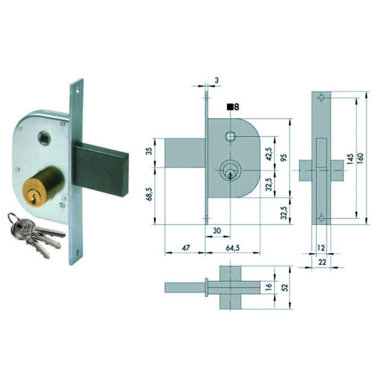 Serratura infilare per cancelli con quadro catenaccio e scrocco 42210 - mm.30 (42210300)