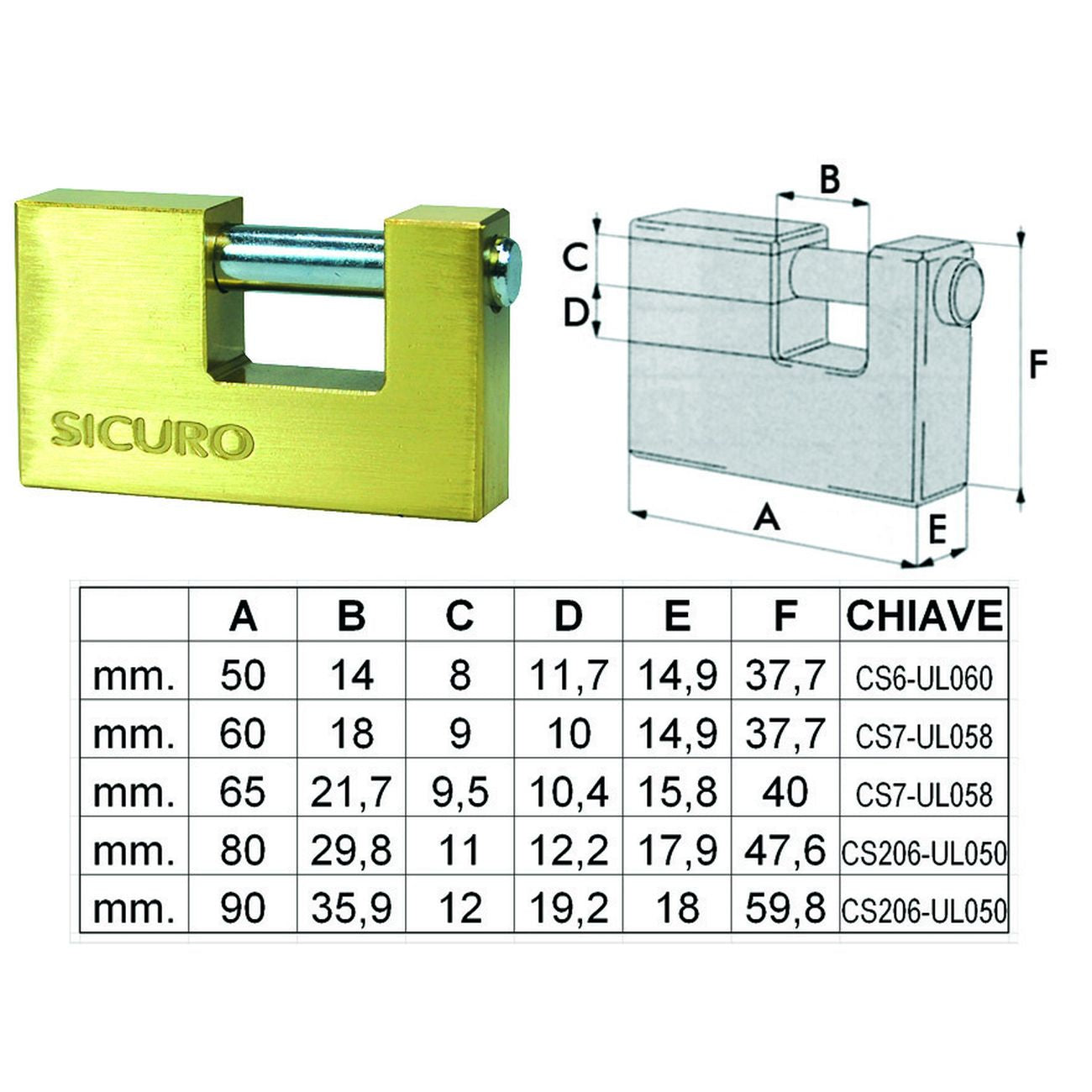 Lucchetto Rettangolare In Ottone - mm.90 - 6 pz