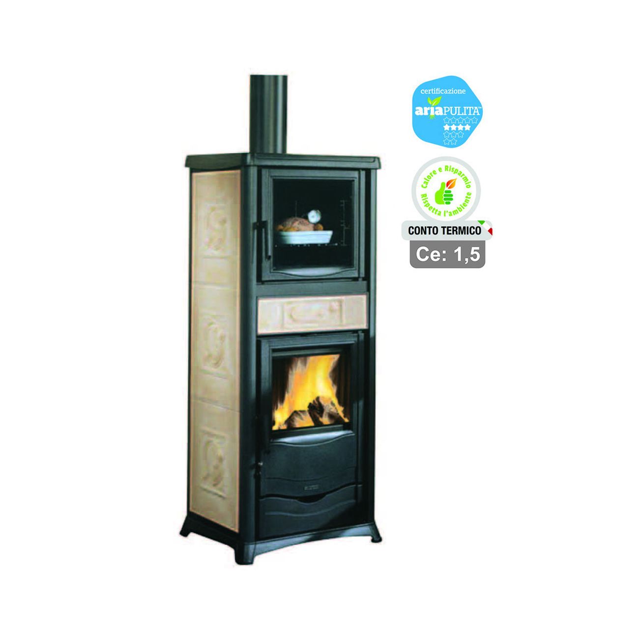 Stufa A Legna Rossella Plus Forno Evo 9,1 Kw Lib.Panna (Conto Termico) - misure cm.55,9x53,6x135,9h. - peso Kg.195