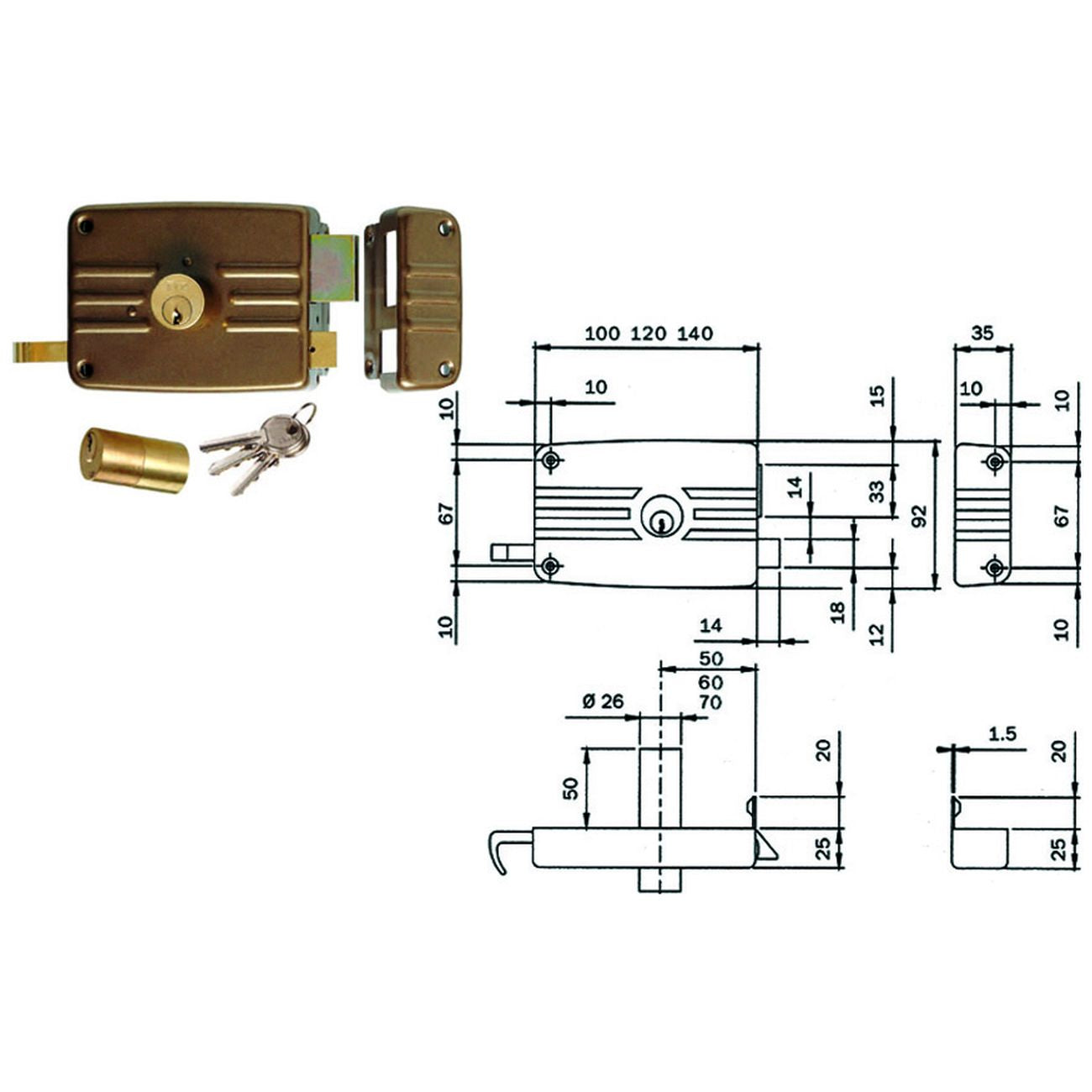 Serratura Da Portoncino Catenaccio E Scrocco Doppio Cil. Fisso 431/432 - mm.70 DX 3 mandate (431703E)