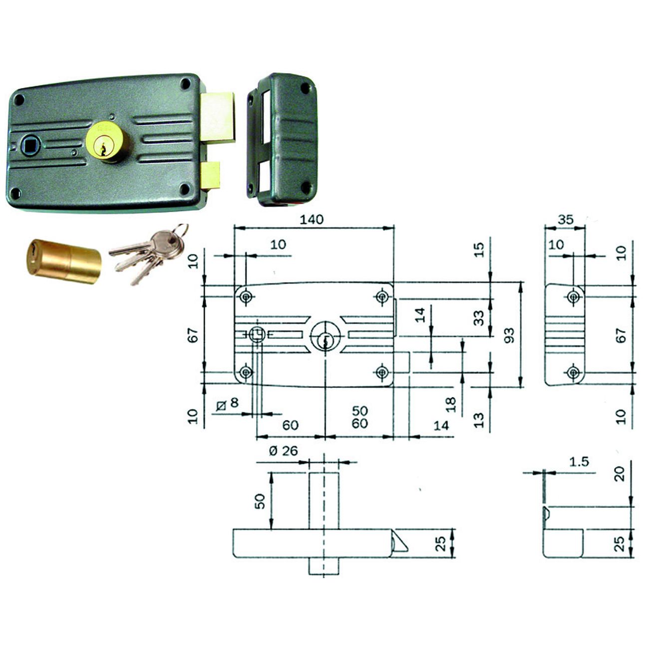 Serratura Porte Ferro C/Quadro Caten. E Scr. Cil. Fisso S/Al. 485/486 - mm.60 SX (486603)