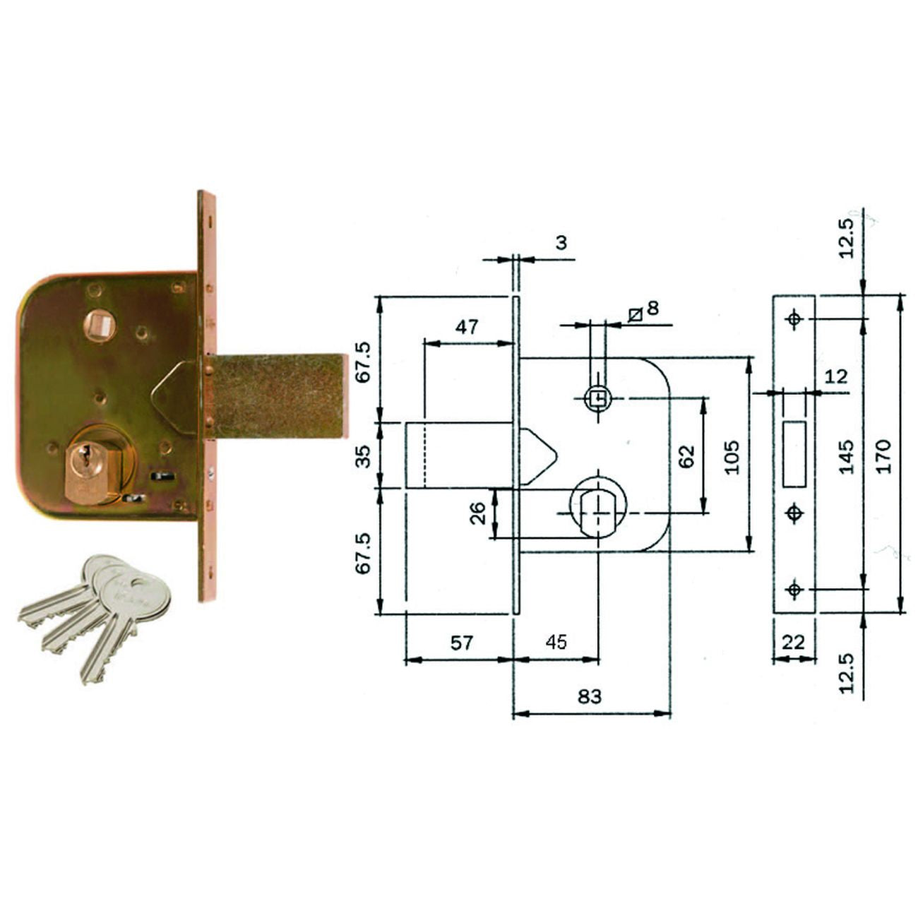 Serratura da infilare per cancelli con quadro caten. prol. e scr. 600 - mm.45 (600450)