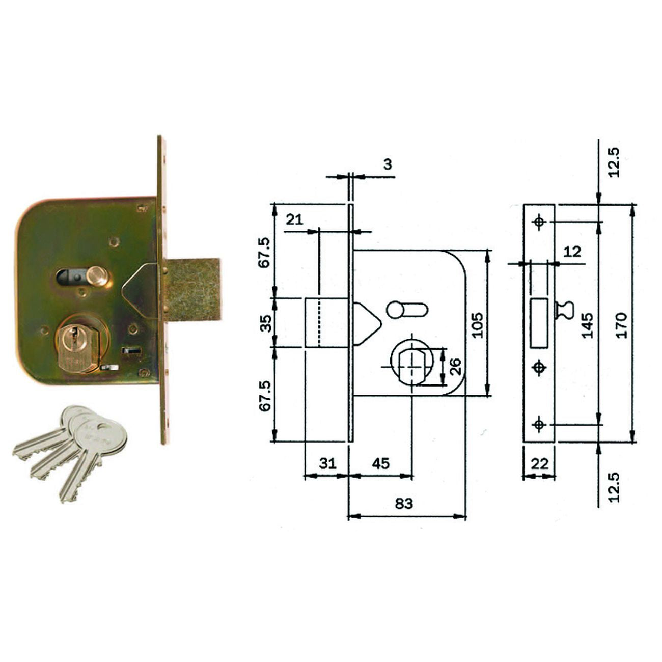 Serratura da infilare per cancelli catenaccio e scr. con nottolino 604 - mm.45 (604450)