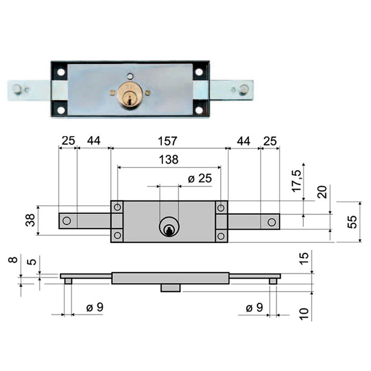 Serratura serranda centrale cilindro fisso tondo 641 - mm.157x10x55h. (641010)