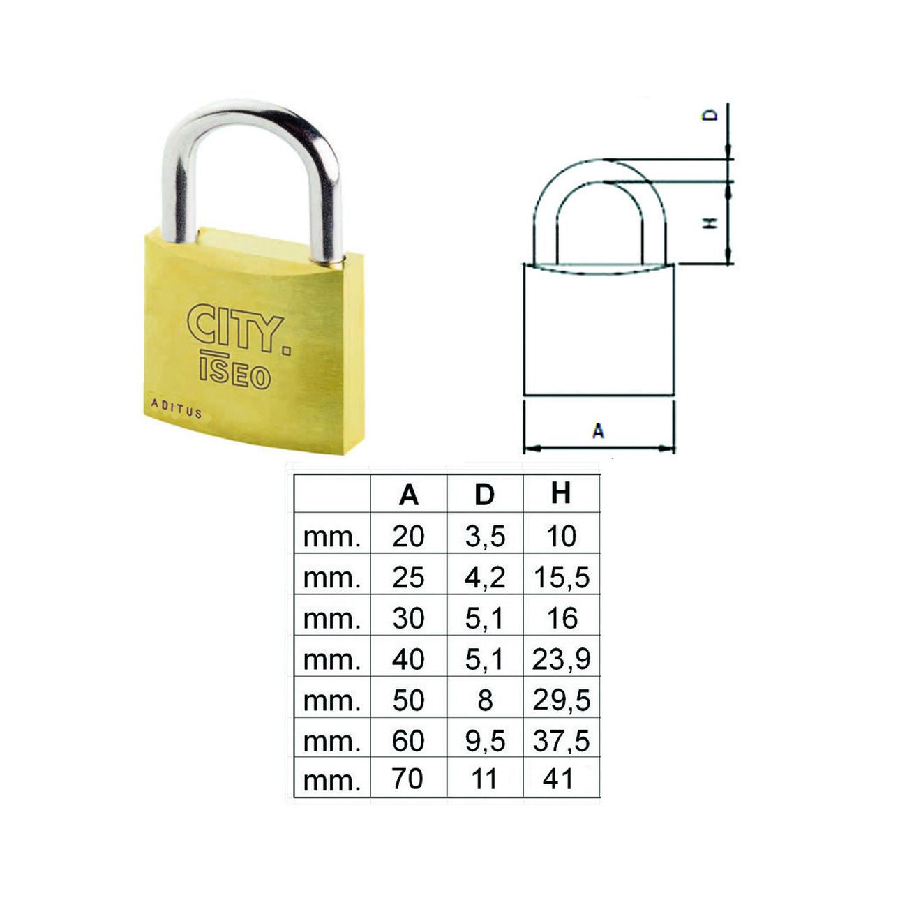 Lucchetto Ottone Arco Normale "Aditus City" P700 - mm.25 (P70025157) - 10 pz