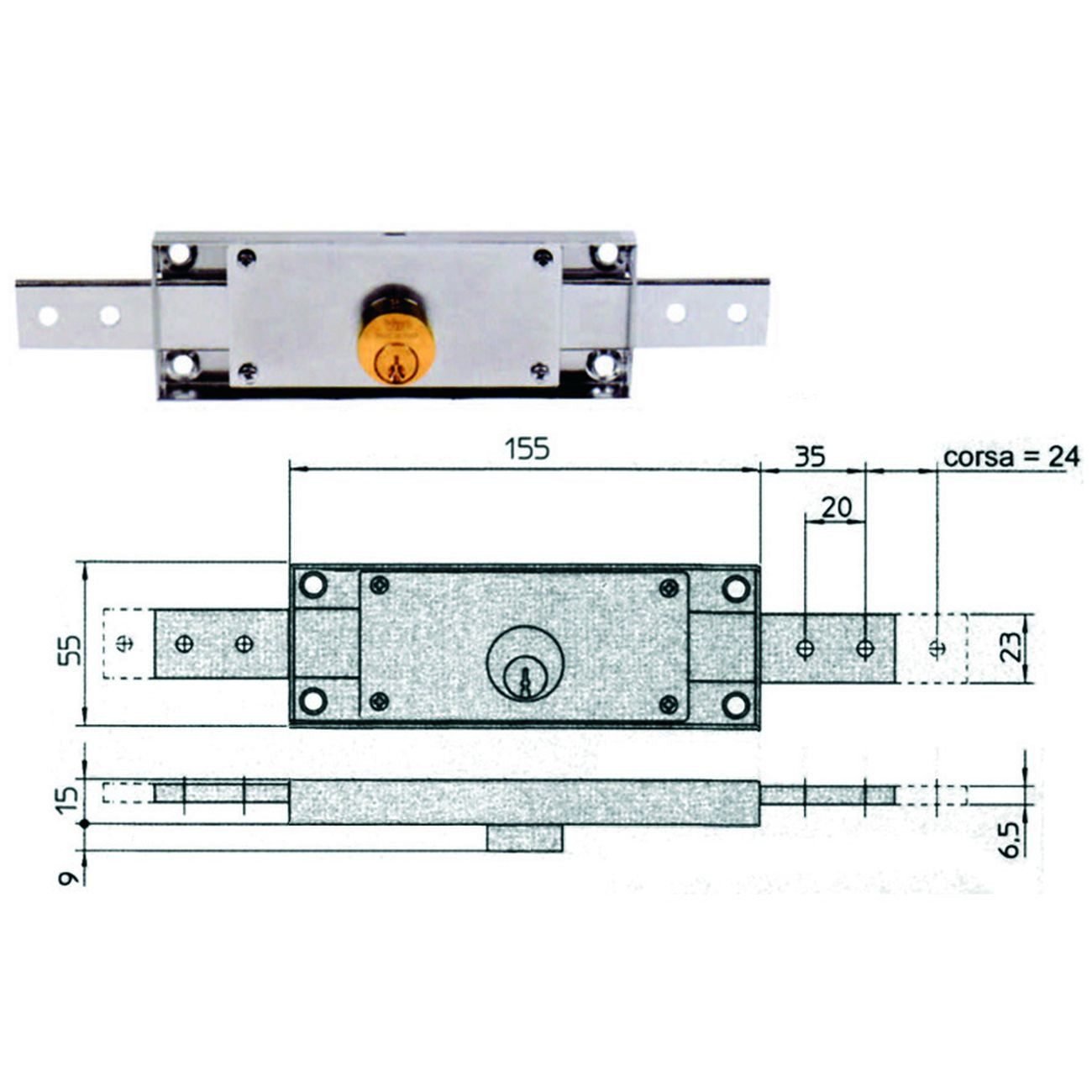 Serratura cilindro fisso tondo centrale 8231 - mm.155x15x55h. dotazione 2 chiavi (8231.9)