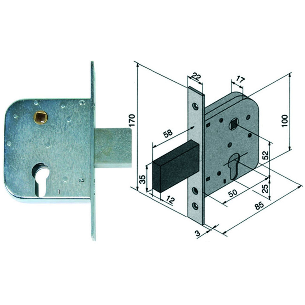 Serratura da infilare per cancelli con quadro catenaccio e scrocco 070 - mm.50 con catenaccio da mm.58 (07050000)