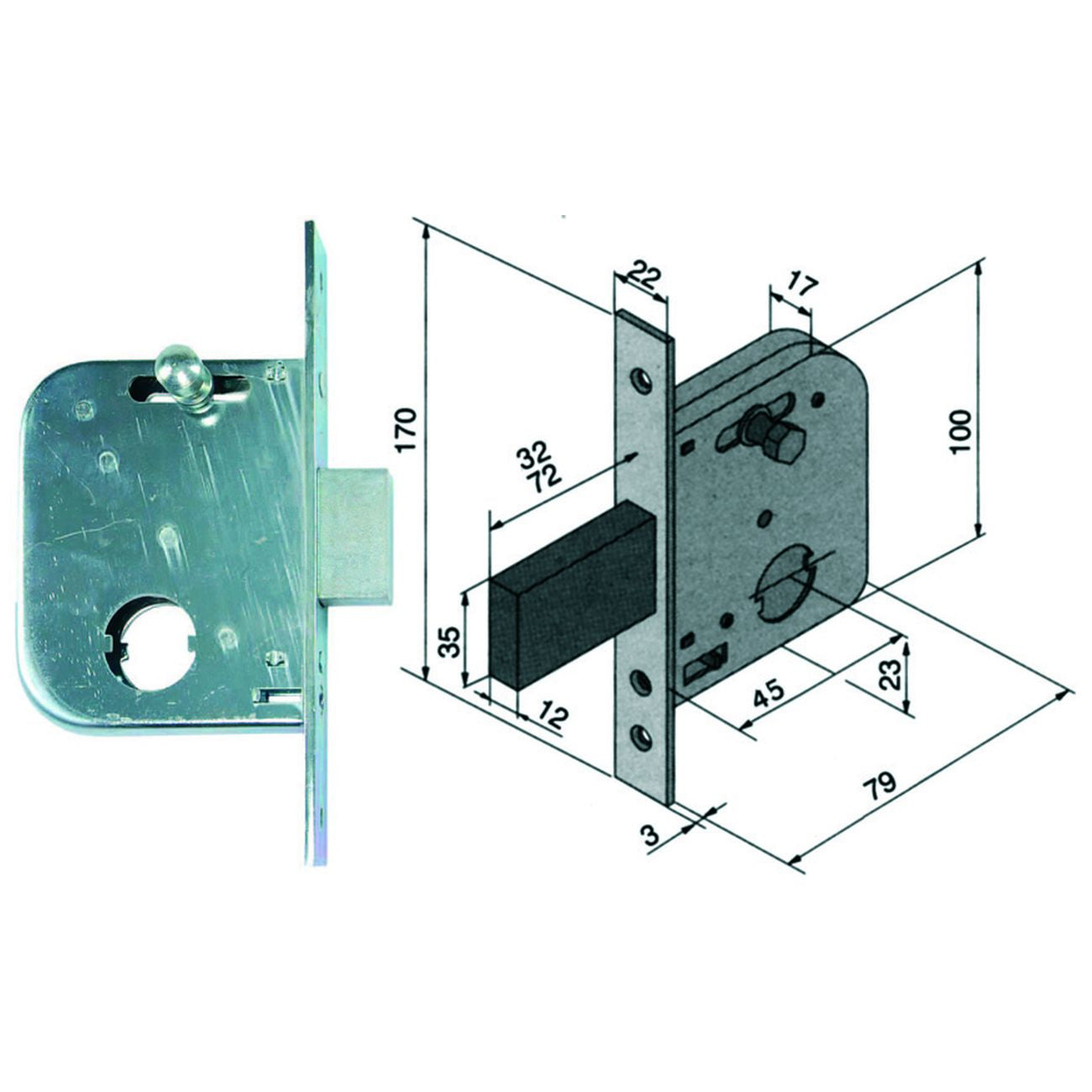 Serratura da infilare per cancelli catenaccio e scr. con nottolino 073