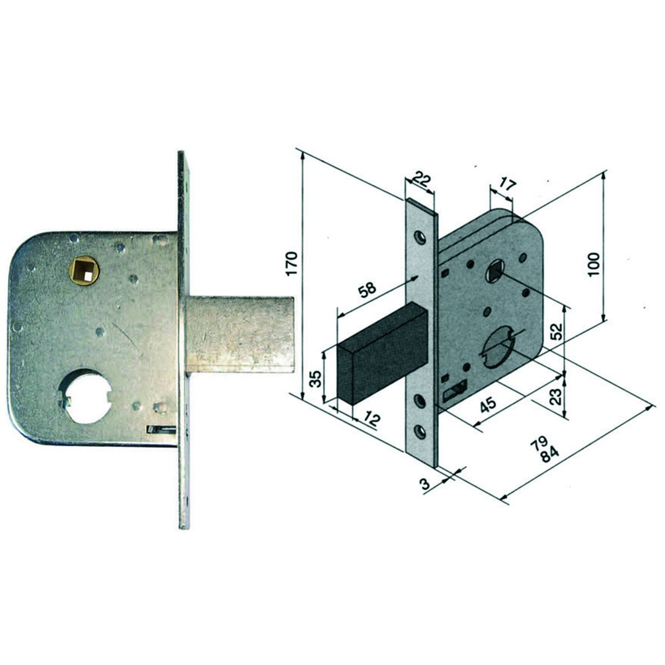 Serratura da infilare per cancelli con quadro catenaccio e scrocco 075 - mm.45  con catenaccio da mm.58 (07545000)