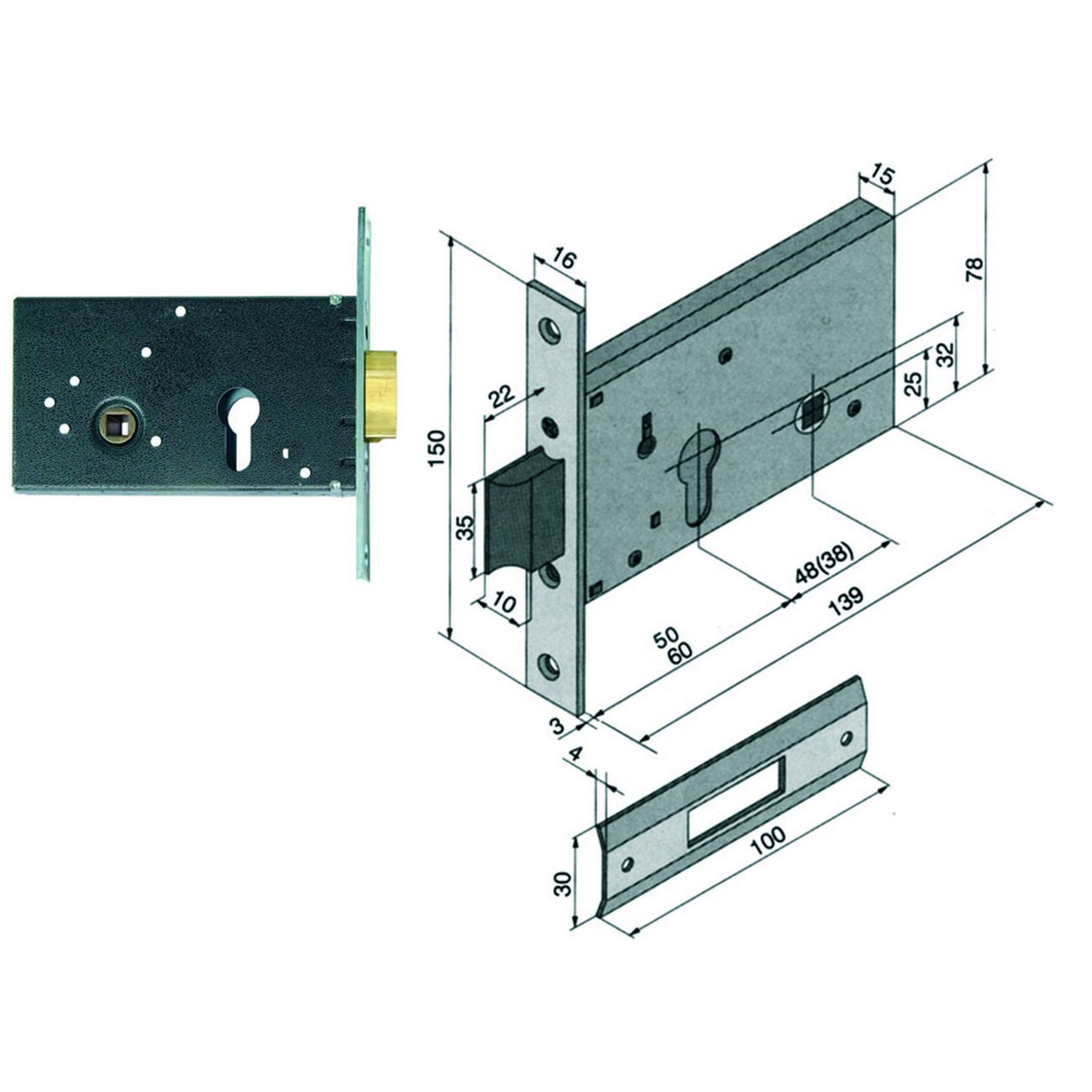 Serratura da infilare per fasce catenaccio e scrocco mm.78 h 121
