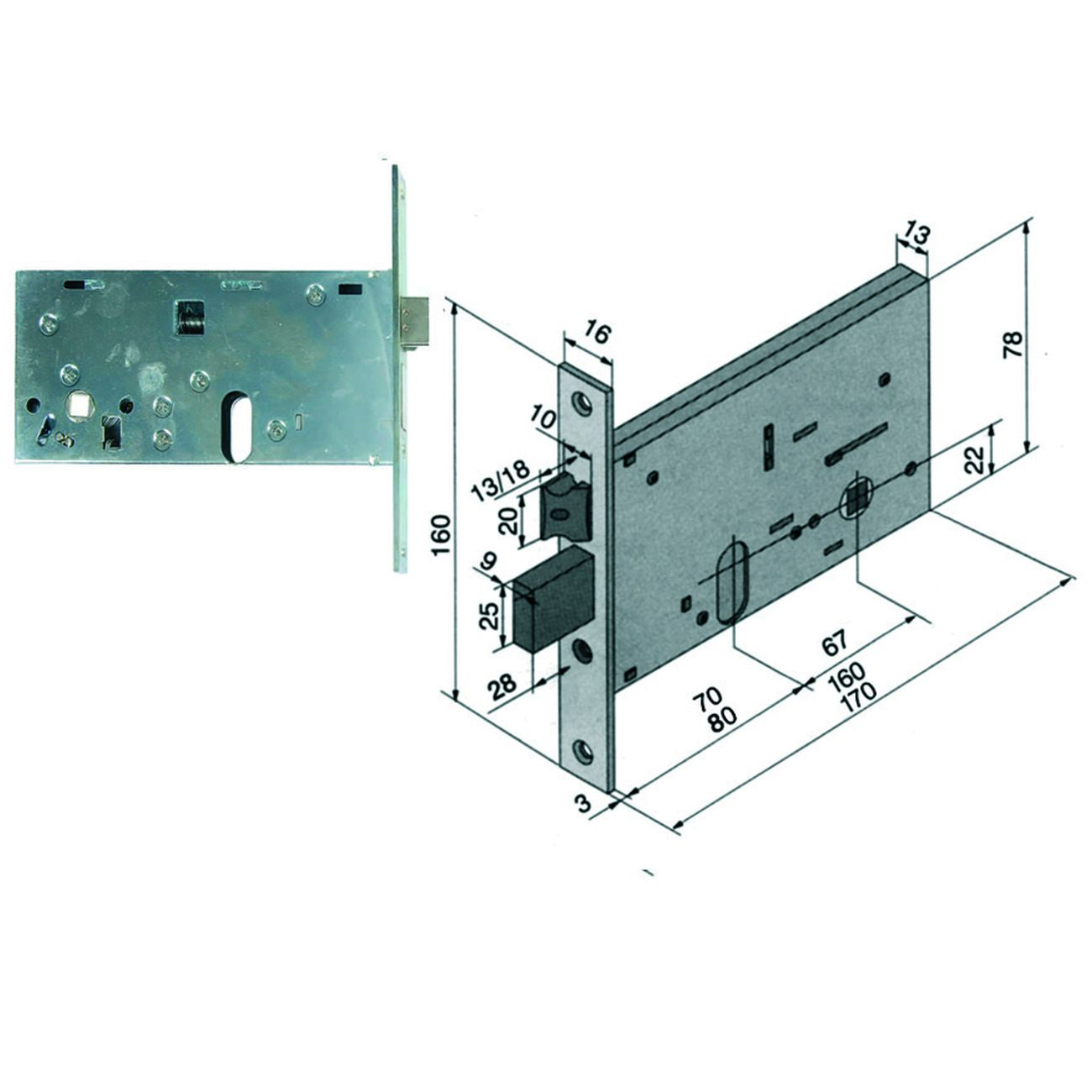 Serratura da infilare per fasce catenaccio e scrocco mm.78 h 136