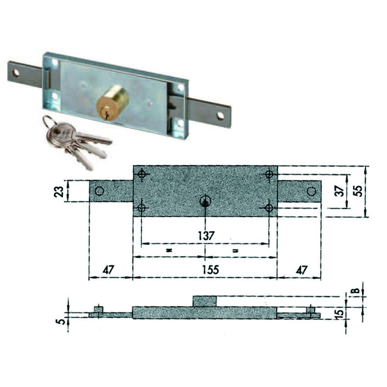 Serratura serranda centrale cilindro fisso tondo 41510 - mm.155x15x55h. (41510780)